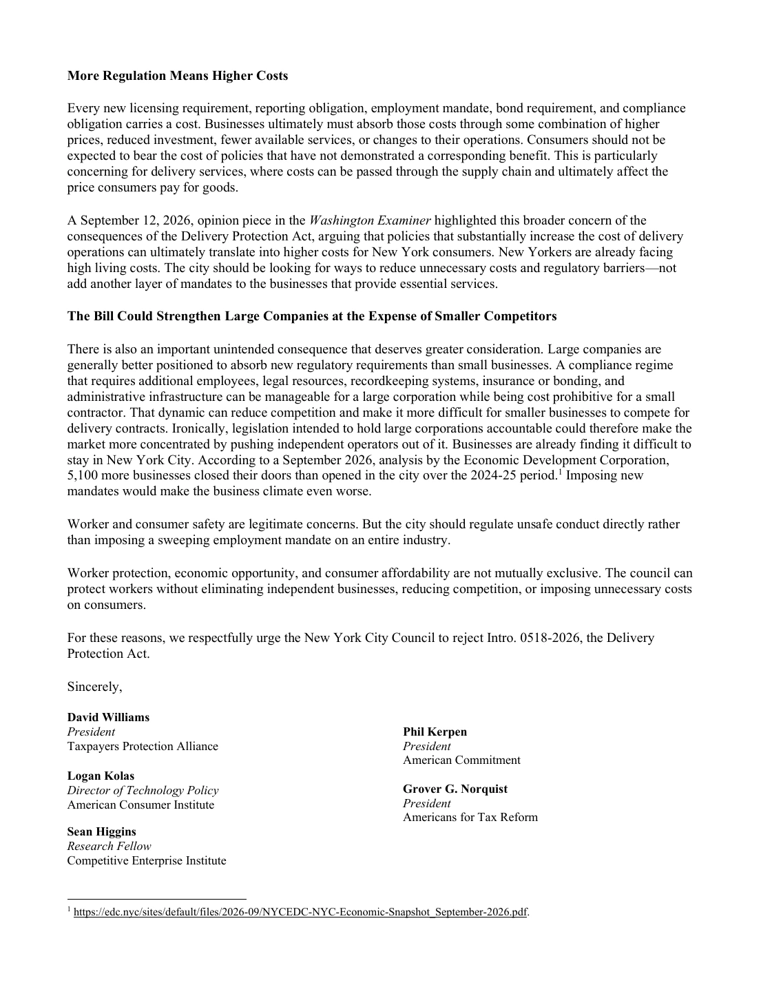 Coalition letter opposing the NYC Delivery Protection Act — page 2 of 3