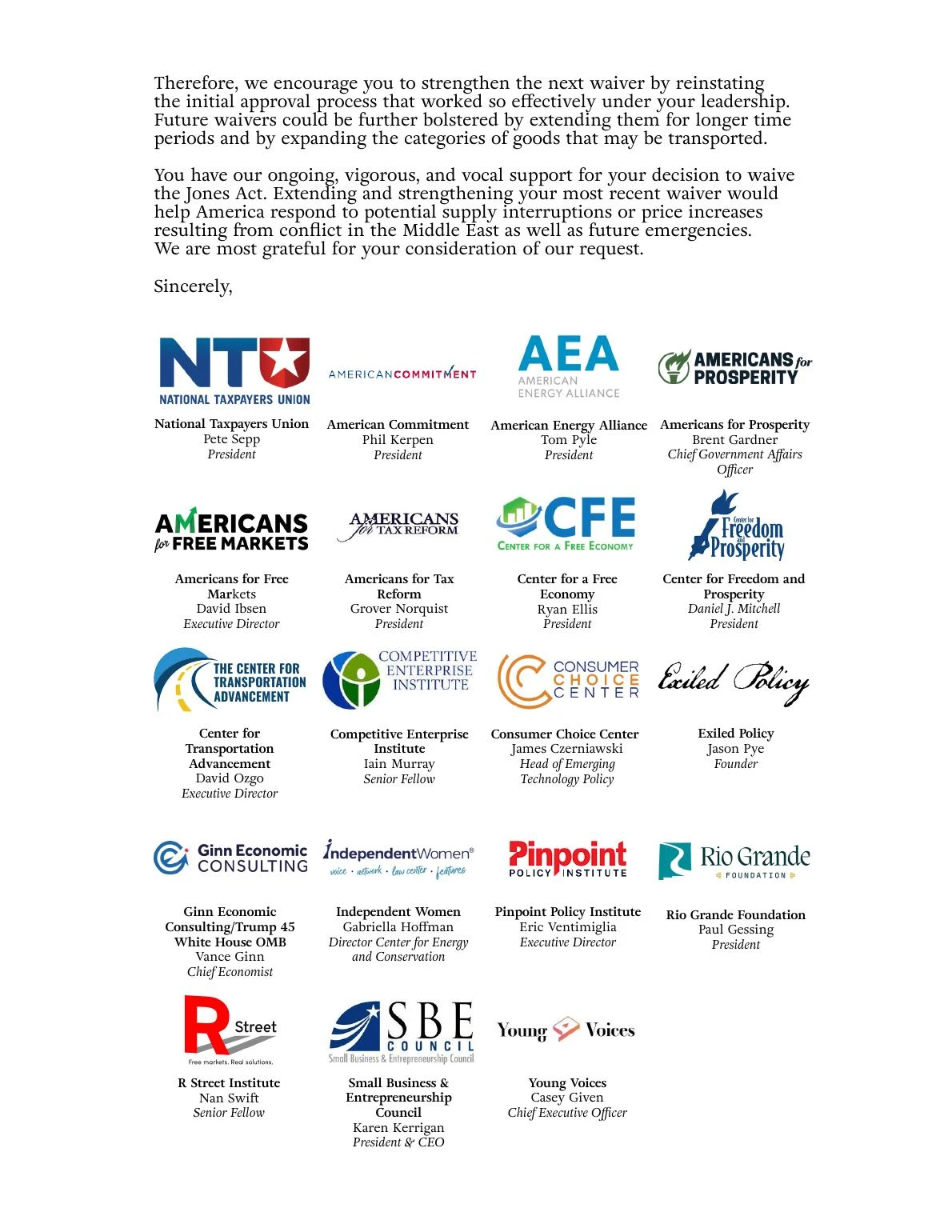Jones Act waiver coalition letter — page 2 of 2