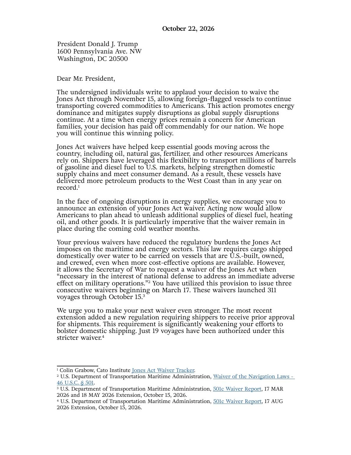 Jones Act waiver coalition letter — page 1 of 2