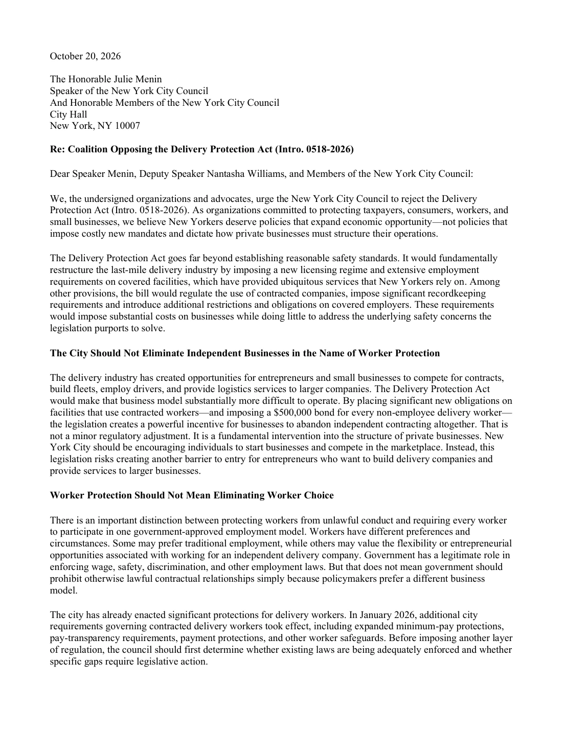 Coalition letter opposing the NYC Delivery Protection Act — page 1 of 3